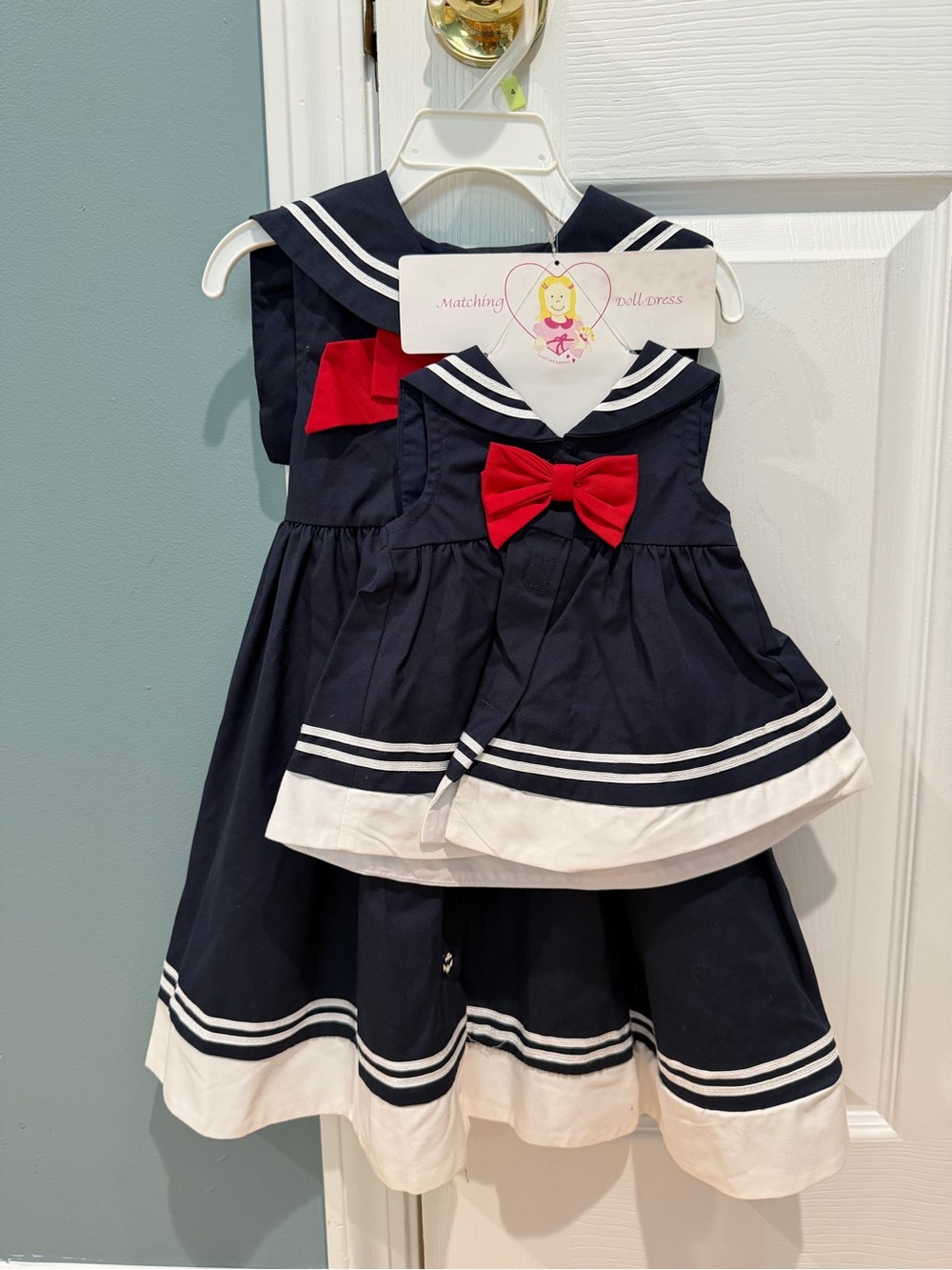Toddler Girl Navy, White & Red Nautical Dress with matching doll dress